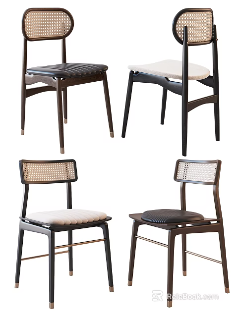 Set of Four Modern Leisure Chairs With Rattan Backs Wooden Frames And Upholstered Seats 3d model 