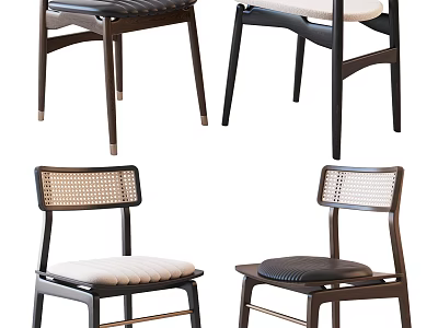 Set of Four Modern Leisure Chairs With Rattan Backs Wooden Frames And Upholstered Seats 3d model