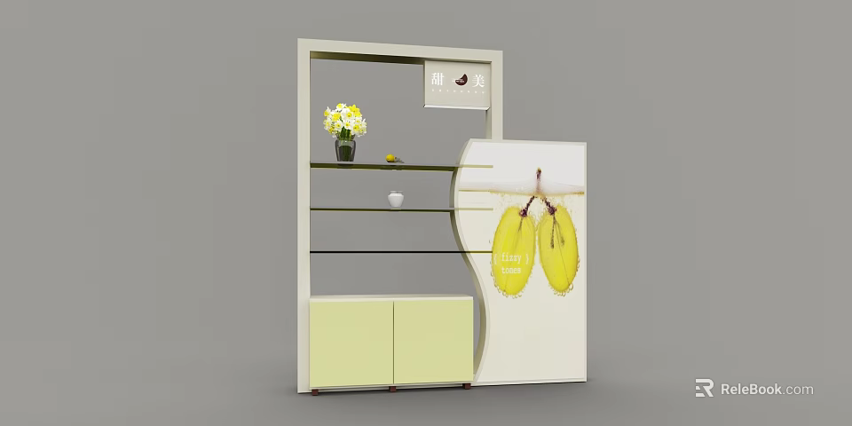 Modern Display Cabinet Shelf With Multiple Shelves Vase Flowers And Curved Panel Design 3d model 