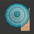 Modern Wooden Outdoor Lounge Chair with Blue and White Striped Umbrella and Reflective Surface