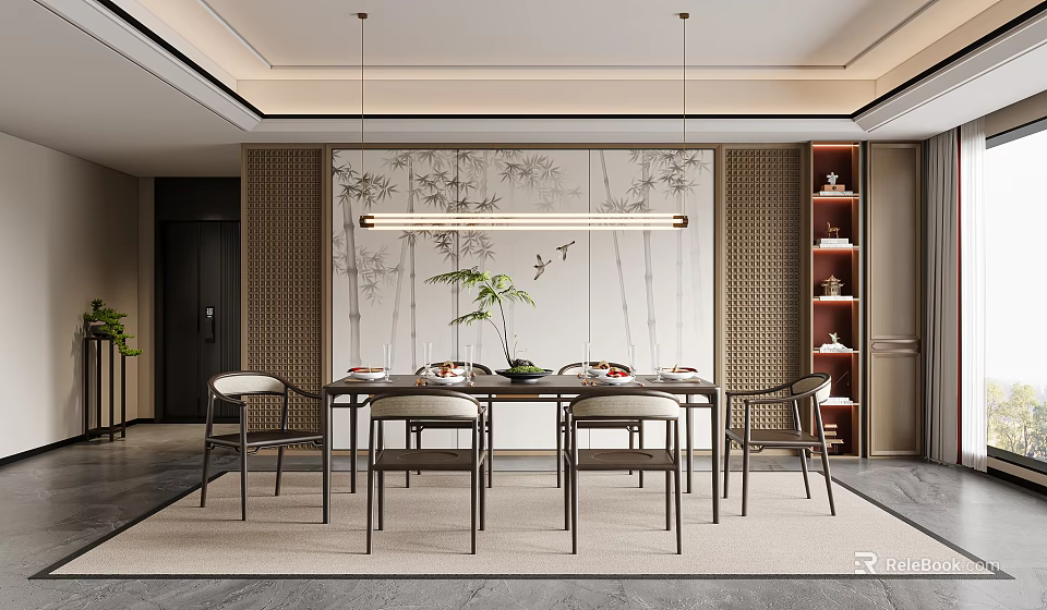 Modern Chinese Restaurant Interior With Dining Table Bamboo Painting Pendant Light And Chairs 3d model 