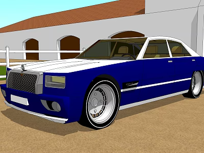 Blue Luxury Sedan With White Stripes And Large Silver Rims In Front Of Classic House 3d model