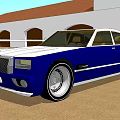 Blue Luxury Sedan With White Stripes And Large Silver Rims In Front Of Classic House
