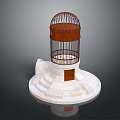 Bird in Rustic Brown Metal Birdcage on White Pedestal with Steps and Panel