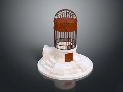 Bird in Rustic Brown Metal Birdcage on White Pedestal with Steps and Panel 3d model