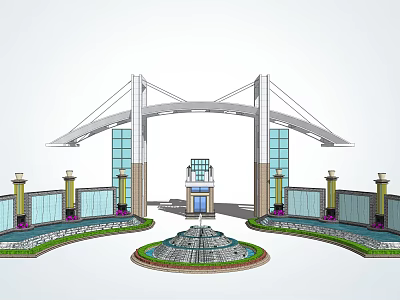 Modern Entrance Gate Design With Arched Structure Glass Curtain Walls And Central Fountain 3d model