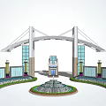 Modern Entrance Gate Design With Arched Structure Glass Curtain Walls And Central Fountain