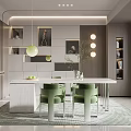 Modern Dining Room Featuring White Table Green Chairs Pendant Lights Decorative Paintings And Bookshelves