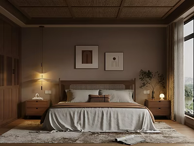 Cozy Bedroom Interior With Woven Rattan Ceiling Beige Bedding Framed Artworks And Wooden Nightstands 3d model