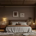 Cozy Bedroom Interior With Woven Rattan Ceiling Beige Bedding Framed Artworks And Wooden Nightstands