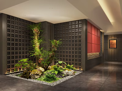 Black Lattice Scenic Feature Wall With Red Backdrop And Indoor Green Plants Stones 3d model