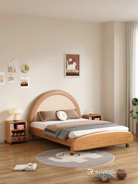 Kids Room Interior With Beige Walls Rounded Headboard Wooden Bed Frame And Decorative Paintings 3d model 