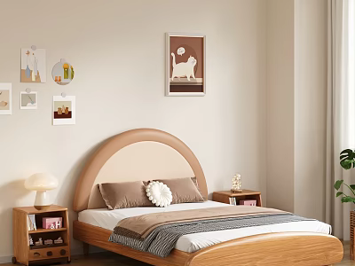 Kids Room Interior With Beige Walls Rounded Headboard Wooden Bed Frame And Decorative Paintings 3d model