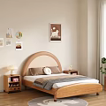 Kids Room Interior With Beige Walls Rounded Headboard Wooden Bed Frame And Decorative Paintings