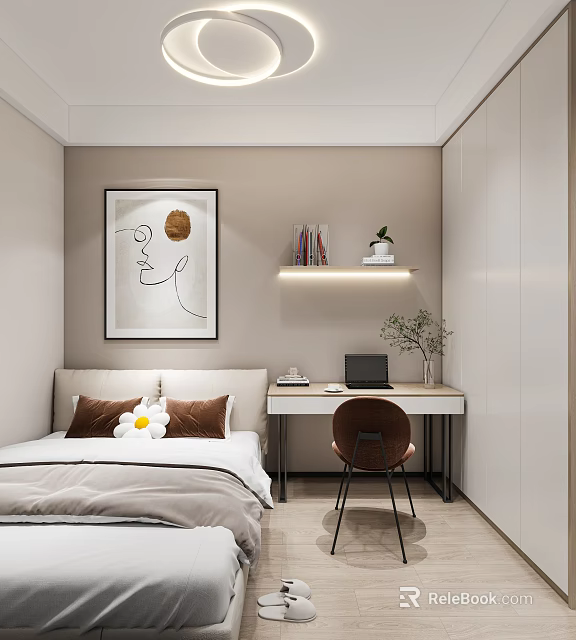 Modern Kids Room With Bed Desk Chair Wall Art Shelf Books And Potted Plant 3d model 