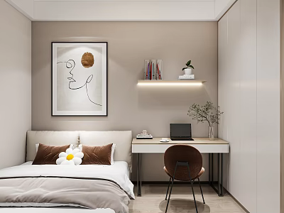 Modern Kids Room With Bed Desk Chair Wall Art Shelf Books And Potted Plant 3d model