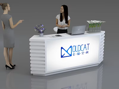 White Office Reception Desk with Company Logo Laptop and Flower Vase 3d model