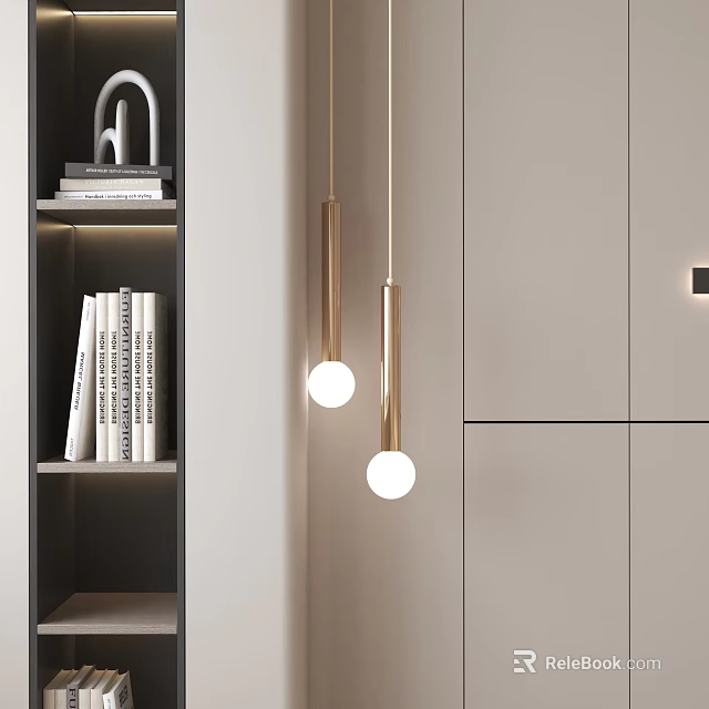 Modern Minimalist Interior With Pendant Lights And Bookshelf With Books And Cabinets 3d model 