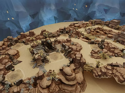 Detailed Cartoon Desert Scene With Rocky Terrain And Small Buildings 3d model