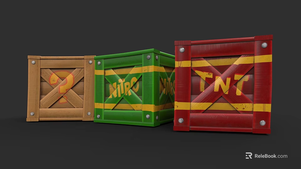 Colorful Building Blocks Boxes in Brown Green Red with Question Mark MINE TNT Labels 3d model 