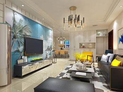 Modern Living Room Interior With Palm Tree Mural TV Wall Chandelier Coffee Table And Yellow Sofa 3d model