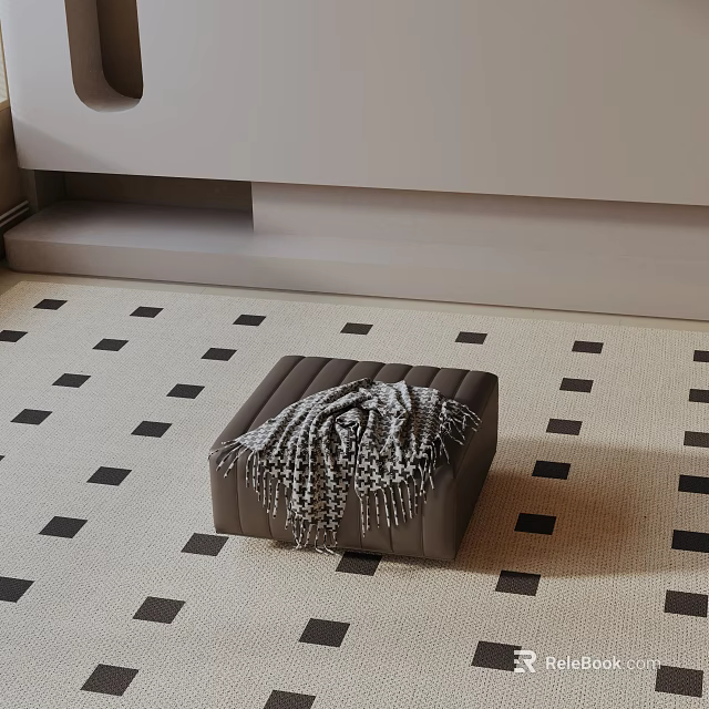 Brown Leisure Chair with Black White Plaid Blanket on Beige Carpet with Black Square Patterns 3d model 