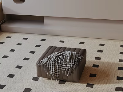 Brown Leisure Chair with Black White Plaid Blanket on Beige Carpet with Black Square Patterns 3d model