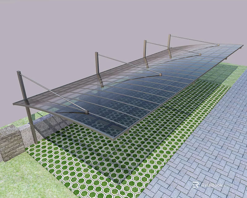 Transparent Awning with Metal Supports for Outdoor Use Over Green Tiled Ground and Paved Pathway 3d model 