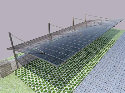 Transparent Awning with Metal Supports for Outdoor Use Over Green Tiled Ground and Paved Pathway 3d model