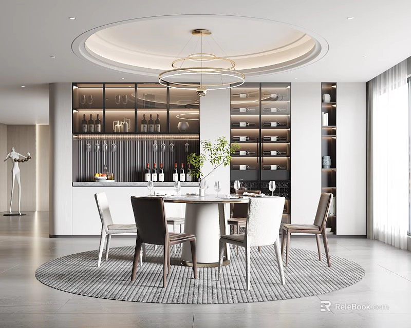 Elegant Restaurant Interior Featuring Round Dining Table Chairs Wine Cabinets And Pendant Light 3d model