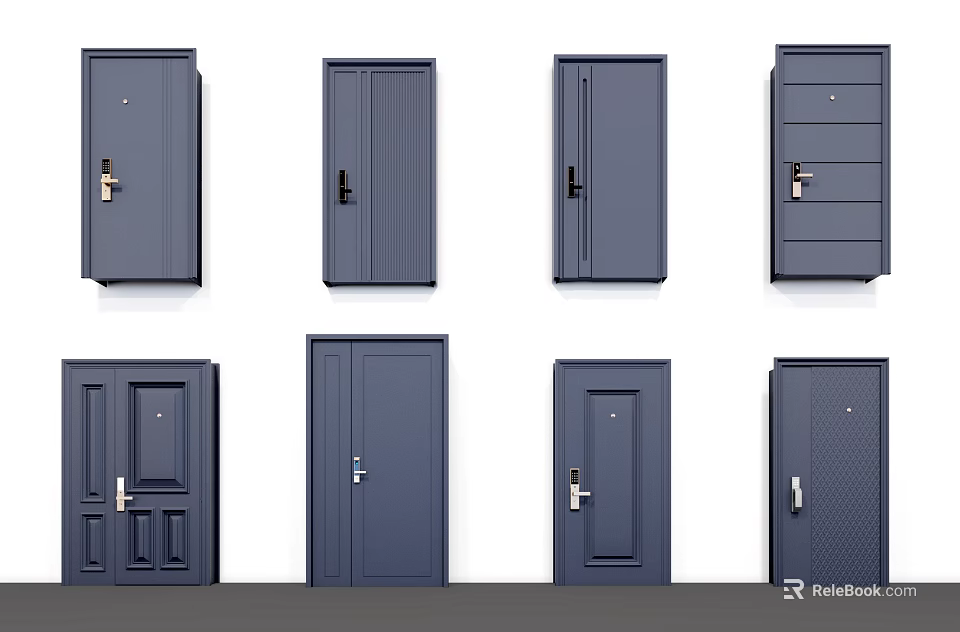 Various Dark Front Door Styles With Single Double Panel Designs And Handles 3d model