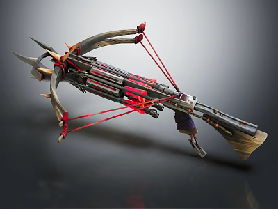 Advanced Mechanical Crossbow Weapon Featuring Red Strings And Spiked Design Elements 3d model