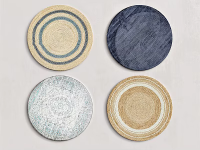 Four Stylish Round Rugs With Different Woven Patterns And Neutral Blue Tones 3d model