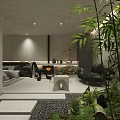 Modern Hotel Room Interior With Fireplace Gray Walls Bed And Decorative Lighting