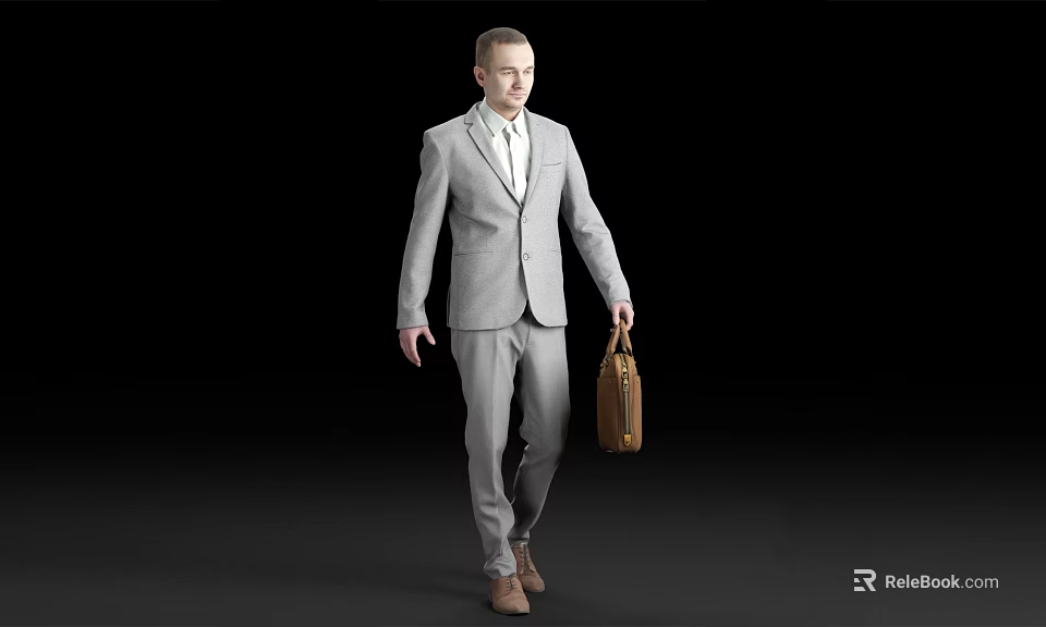 A Man Walking Carrying Brown Briefcase In Gray Suit On Black Background 3d model 