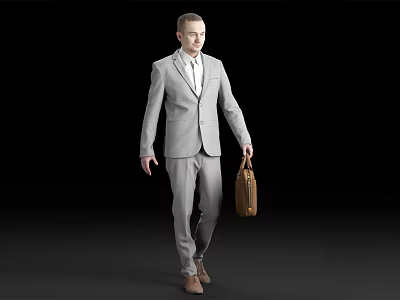A Man Walking Carrying Brown Briefcase In Gray Suit On Black Background 3d model