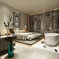 Modern Hotel Room Interior With Freestanding Bathtub Stone Wall Artwork And King Bed