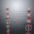 Red and White Transmission Towers With Power Lines and Reflections on Gray Background