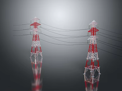 Red and White Transmission Towers With Power Lines and Reflections on Gray Background 3d model