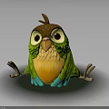 Cute Cartoon Bird With Green Feathers Yellow Belly Blue Claws And Big Eyes