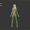 A woman with pink hair wearing black bikini standing against gray background
