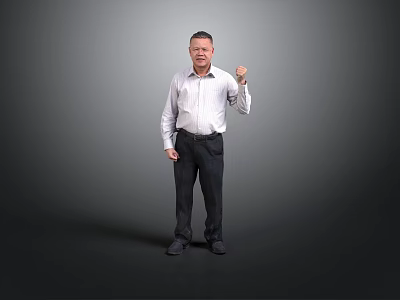 Man In White Shirt And Dark Pants Standing With Fist Raised Against Grey Background 3d model
