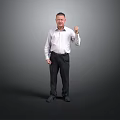 Man In White Shirt And Dark Pants Standing With Fist Raised Against Grey Background