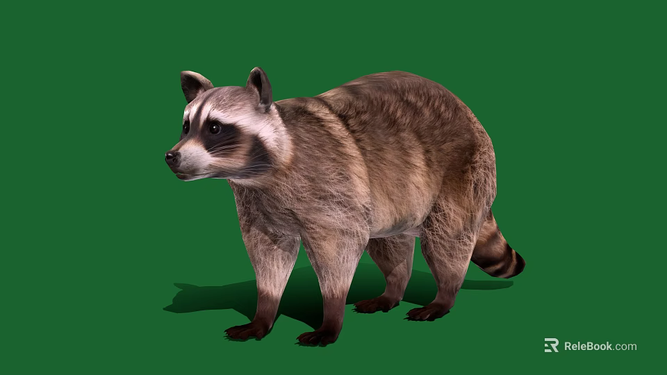 Realistic Raccoon Standing With Brown Gray Fur Isolated On Green Background 3d model 