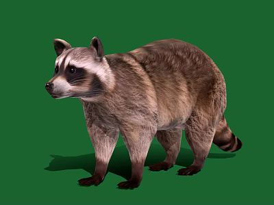 Realistic Raccoon Standing With Brown Gray Fur Isolated On Green Background 3d model