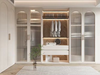 Modern White Wardrobe Interior With Glass Doors Hanging Area And Shelves 3d model