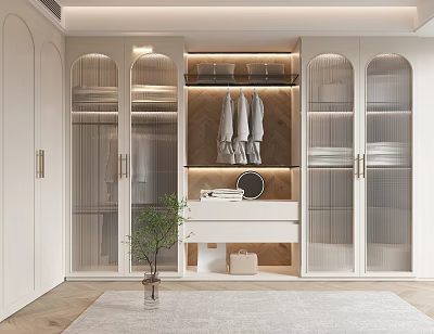 Modern White Wardrobe Interior With Glass Doors Hanging Area And Shelves 3d model