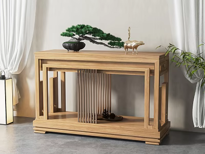 Wooden Console Table With Potted Pine Tree Gold Deer Ornament And Vertical Slat Design 3d model