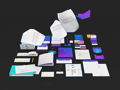 Colorful Brand Design Collaterals With Brochures Business Cards And CD Cases 3d model