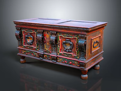 Traditional Wooden Entryway Cabinet Sideboard With Carved Decorations And Colorful Details On Doors And Legs 3d model